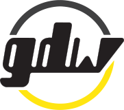 Gestileerd zwart logo met grijze boog en gele swoosh
