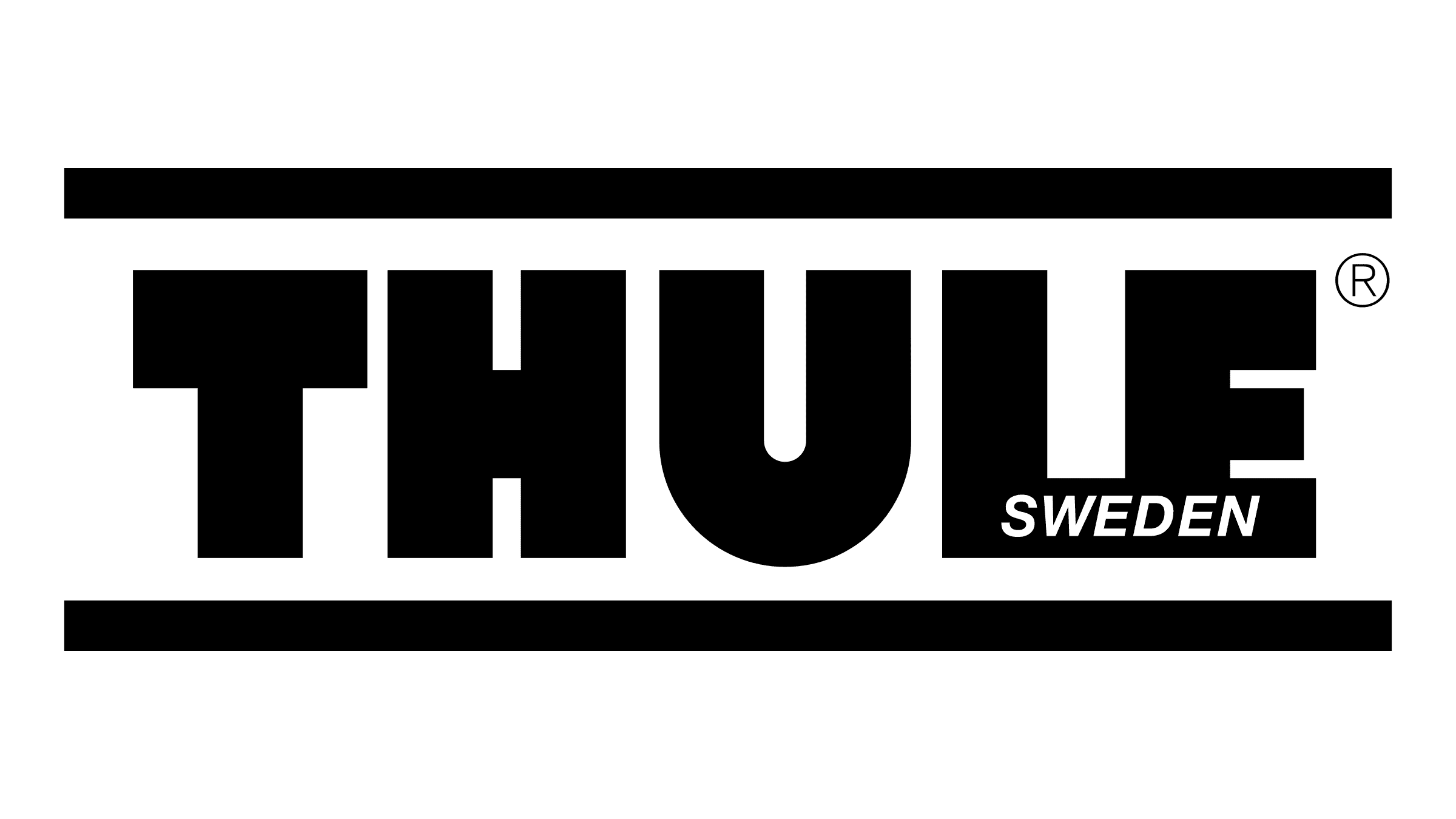 Zwart Thule Sweden-logo met geregistreerd handelsmerksymbool