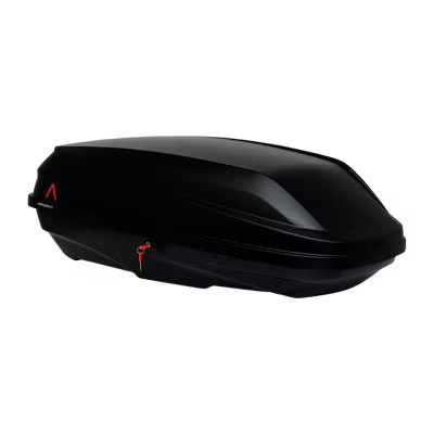 Zwarte aerodynamische dakkoffer met glanzende afwerking en rood slotdetail